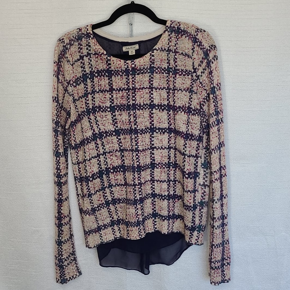 Lucky Brand Top Plaid Print Long Sleeve Hi-Lo White Sheer X-Small